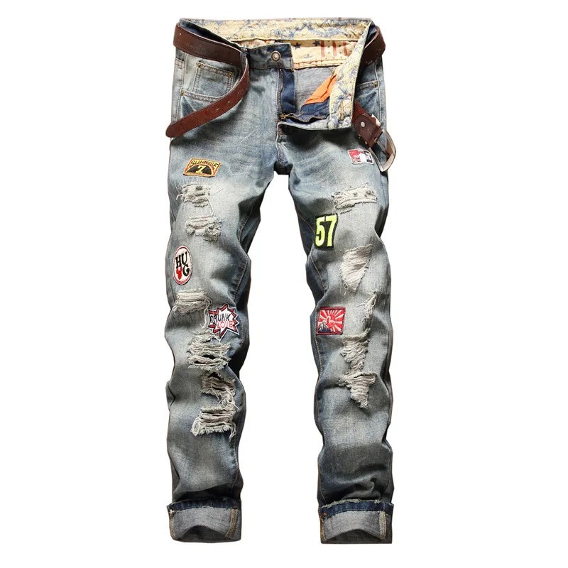 Neue männer Hip Hop High Street Motorrad Jeans Abzeichen Distressed Zerrissene Denim Hosen Männlichen Nicht-stretch Gerade Slim fit Jeans