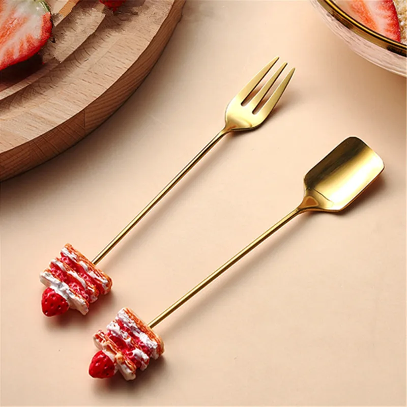 Edelstahl Elegante Kaffee Löffel Geschirr Dessert Löffel Vorspeise Dessert Gabel Nette Cartoon Tee Löffel Image