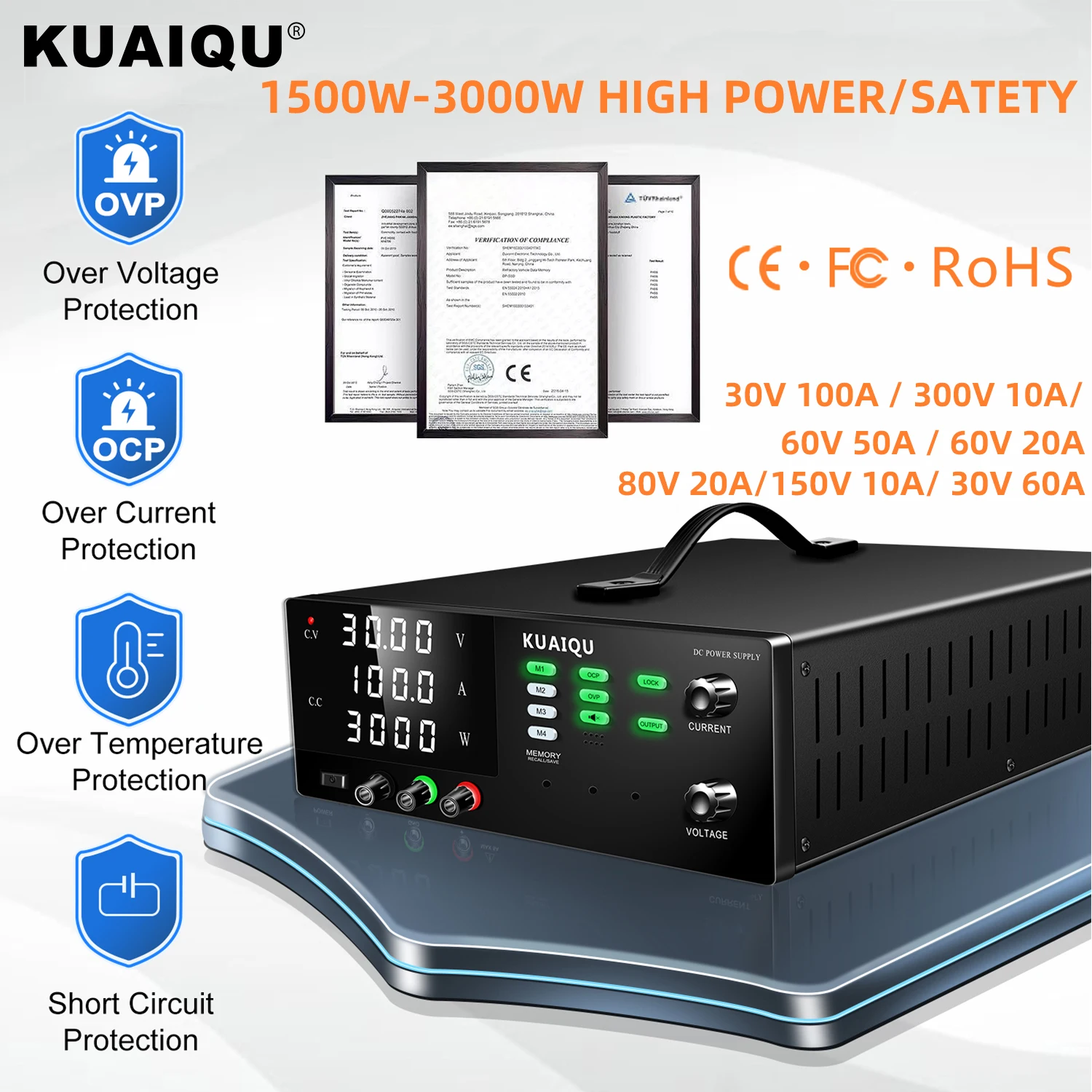 KUAIQU 30V 100A 3000W DC Netzteil Variable 300V 10A Hochleistungs-Tischquelle Programmierbares digitales Netzteil 80V 20A 1600W Image