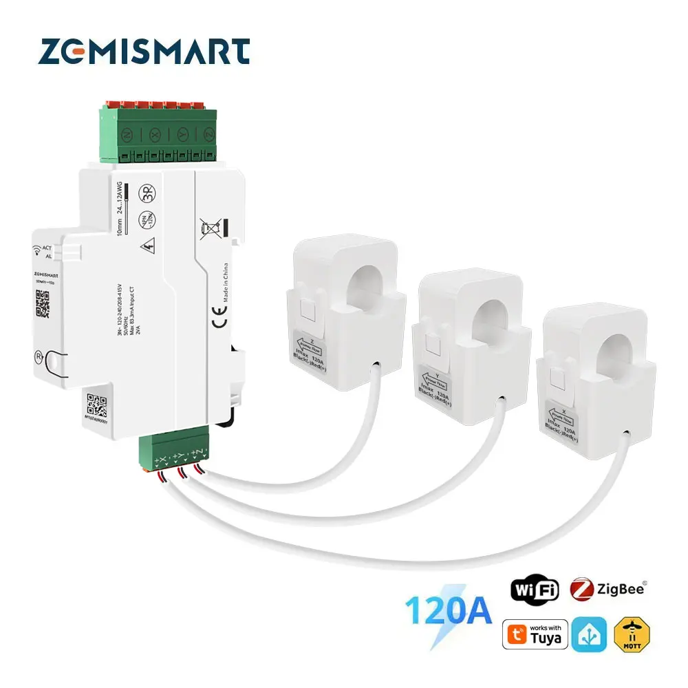 Zemismart 120 A Zigbee WiFi 3-Phasen-Energiezähler, intelligenter DIN-Schienen-Leistungsmonitor, ausziehbare Split-Core-CTs, funktioniert mit der Tuya-App Image