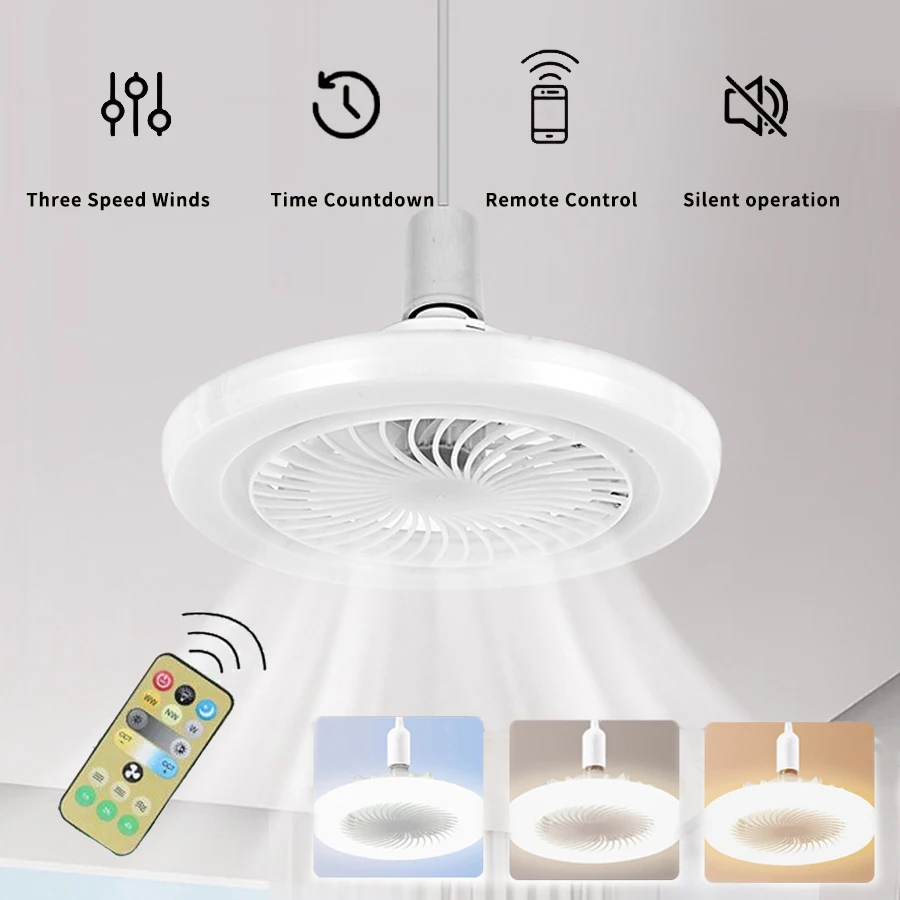 Fernbedienung Deckenventilator Glühbirne E27 Leiser elektrischer Ventilator Deckenlampe Ventilatoren für Schlafzimmer Wohnzimmer Büro Arbeitszimmer Küche