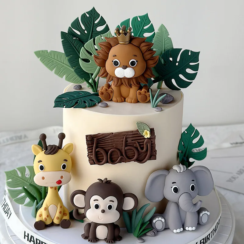 Wald Tiere Kuchen Dekor Cartoon Löwe Giraffe Elefant Affe Schildkröte Blätter Kuchen Topper glücklich Dschungel Safari Geburtstags feier de Image