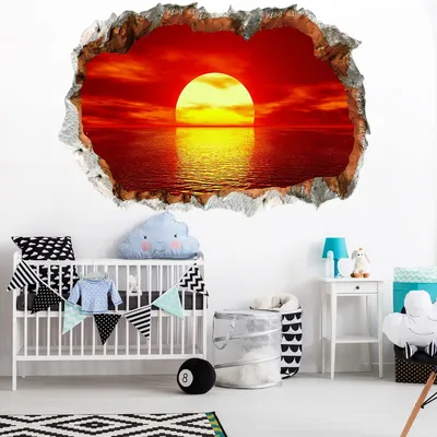 3D gebrochene Wand Loch Kunst Ozean Sonnenaufgang Landschaft Vinyl Wandaufkleber für Heimdekorationen Wohnzimmer Schlafzimmer Meerblick Tapete Image