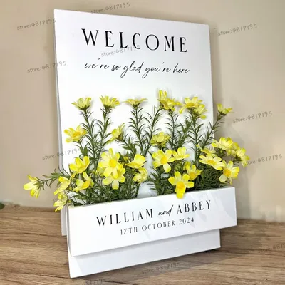Blumen kasten Willkommen schild Aufkleber Hochzeit Blumen kasten Willkommen schild Wir sind so froh, dass Sie hier sind Zeichen personal isierte Name Vinyl Aufkleber Image