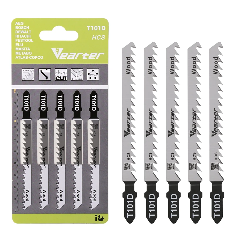Vearter 5er-Pack T101D-Stichsägeblatt, 10,2 cm, 100 mm, HCS, T-Schaft, 6 TPI, schnell saubere Schnitte aus hartem, weichem Holz, Sperrholzkunststoff Image