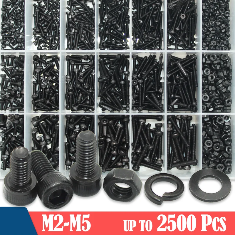 2500 Sechs kant Inbus Innen sechs kant schraube Kopfs ch raube m2 m2, 5 m3 m4 m5 m6 schwarz 2,5 Grad Kohlenstoffs tahl Schrauben Mutter Unter leg scheibe Sortiment Image
