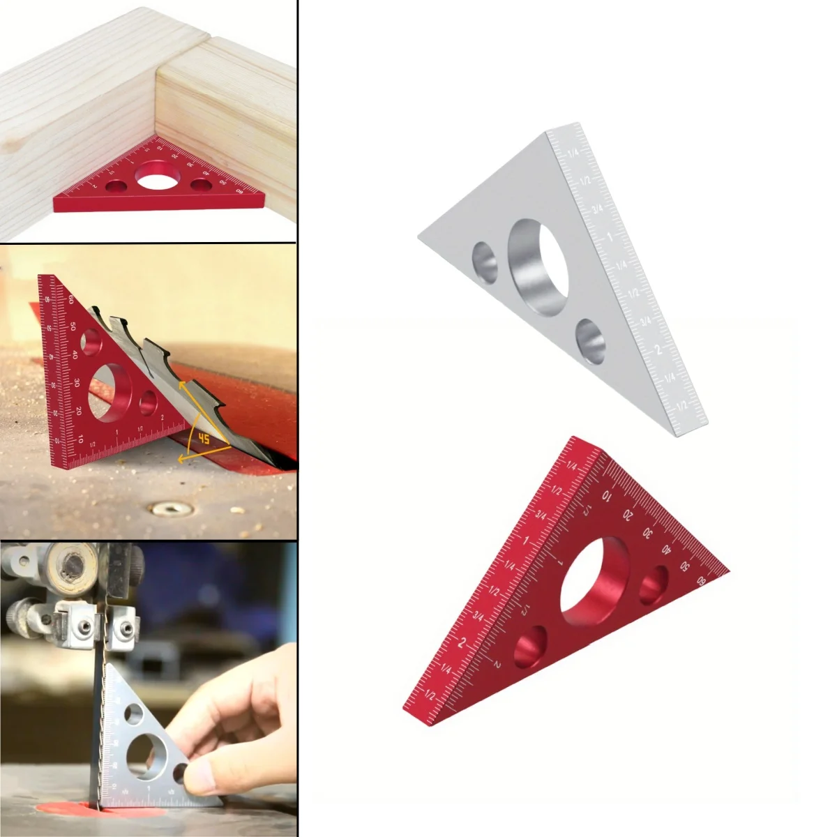 1 Stück Esquadro-Lineal aus Aluminiumlegierung, 45/90 Grad mattiertes rechtwinkliges Messgerät, Dreieckslineal mit beiden kaiserlichen und metrischen Skalen Image