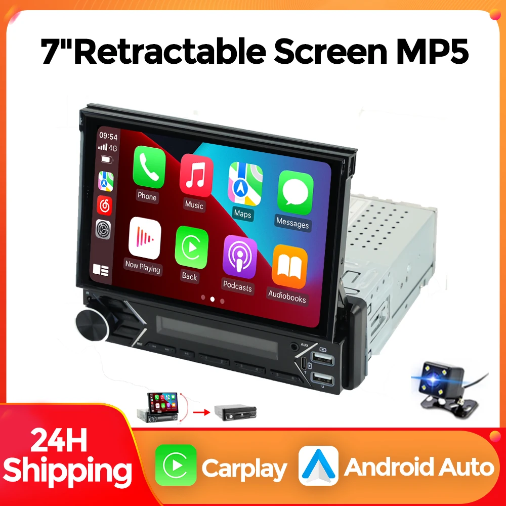 Mekede 1din 7 "einziehbarer Touchscreen mp5 Autoradio-Player Auto drahtloses Carplay Android Auto Spiegel Link Video USB BT Player