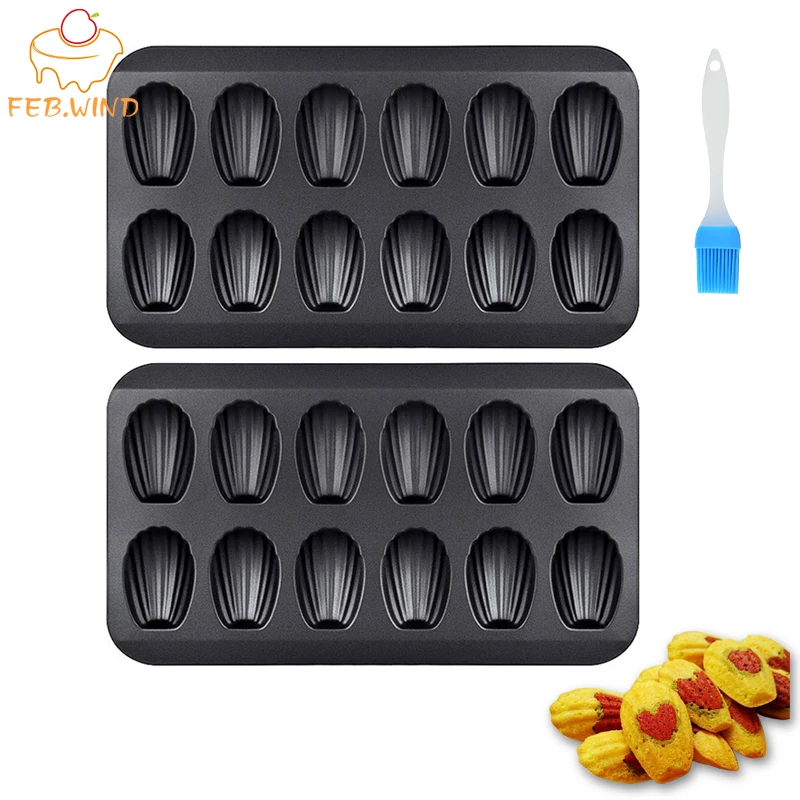 2er Pack 12 Tasse Antihaft-Madeleine-Pfanne mit Öl bürste Hochleistungs-Madeleine-Formen Schalen form Mini-Kuchen form Backblech/Pfanne Image