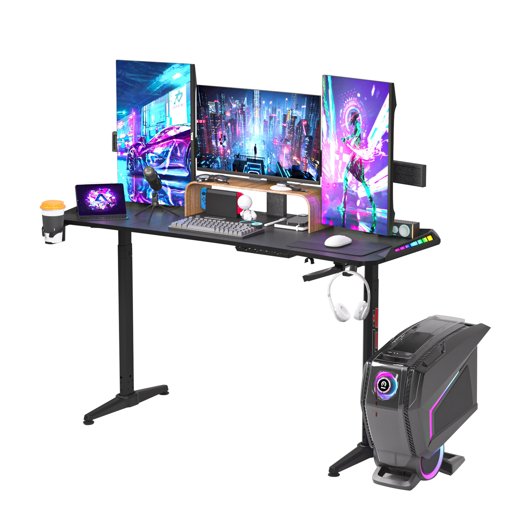 Höhen verstellbarer Gaming-Schreibtisch Stehpult, großer Gaming-Computer-Schreibtisch mit RGB-LED-Leuchten für Spiele und Home Office, schwarz