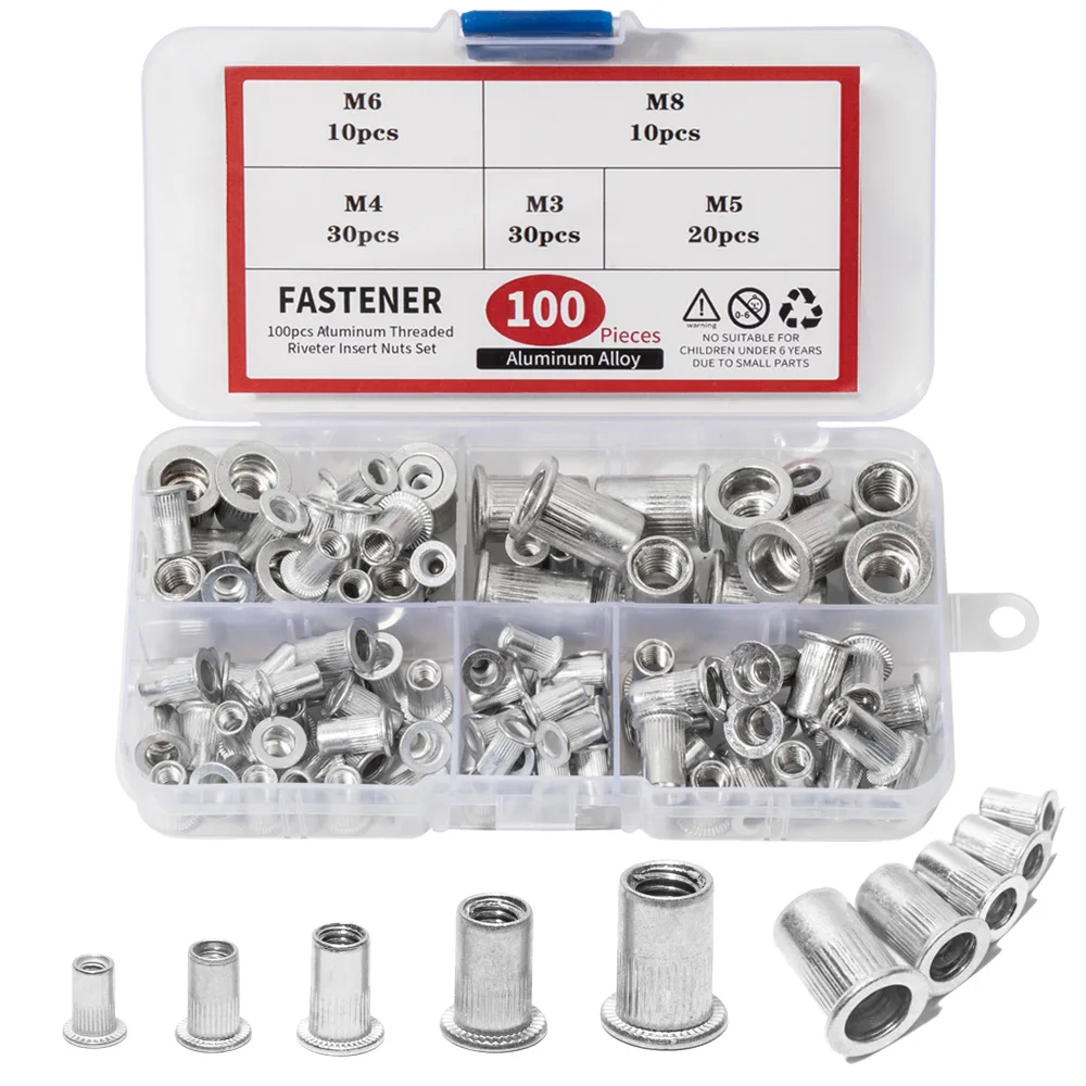 100-teiliges Nietmuttern-Set aus Aluminium, M3, M4, M5, M6, M8, Flachkopf-Nietmuttern, Nietmuttern-Set mit Gewindeeinsatz, metrische Nietensortimentssätze Image