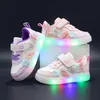 Disney LED Casual Rosa Lila Für Frühling Mädchen Gefrorene Elsa Prinzessin Drucken Outdoor Kinder Beleuchtete Rutschfeste Schuhe Größe 22-31