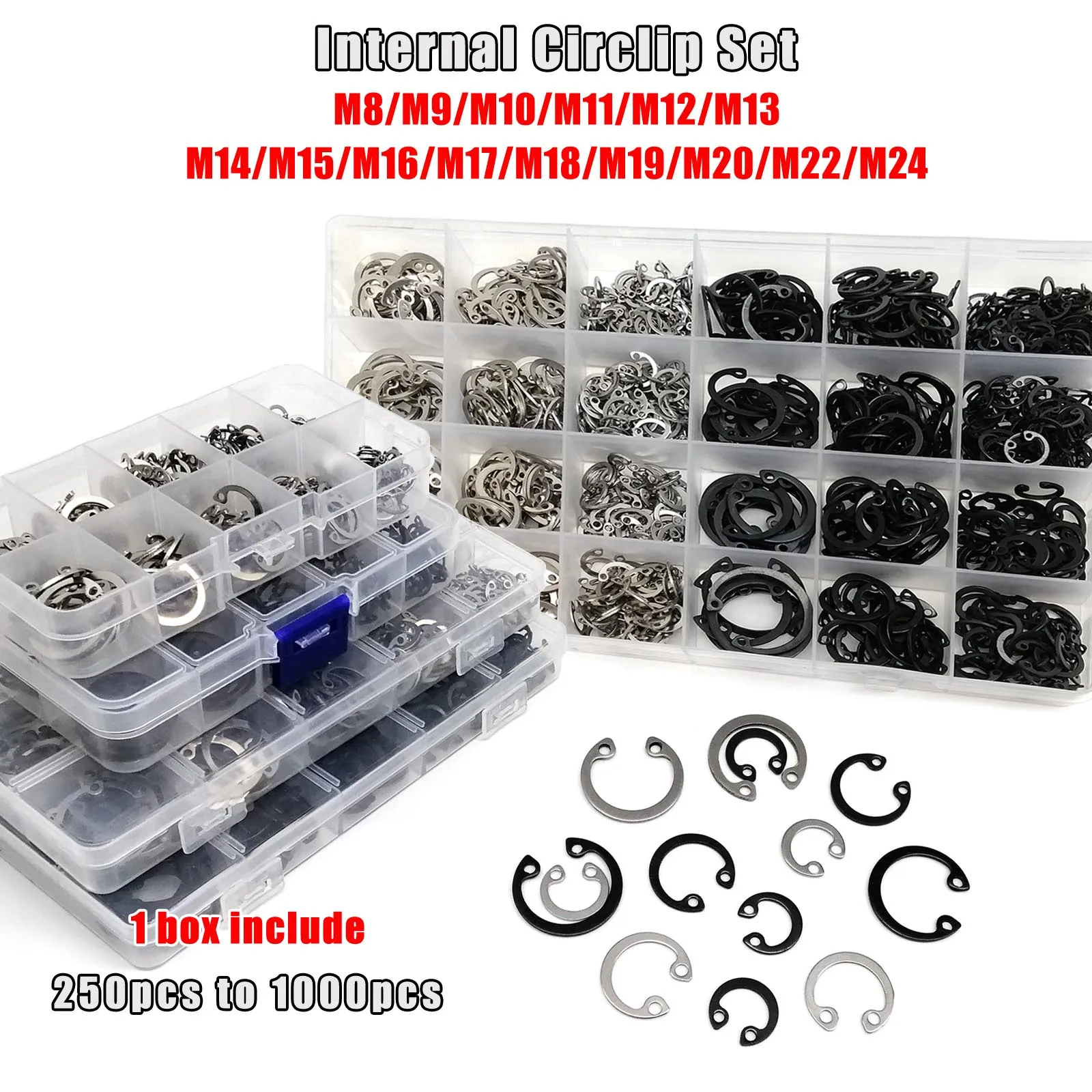 1 Box M8-M24 Sortiment Kit Set C Typ Interner Sicherungsring Sicherungsclip Sicherungsring für Loch 304 Edelstahl Schwarzer Stahl GB893 Image