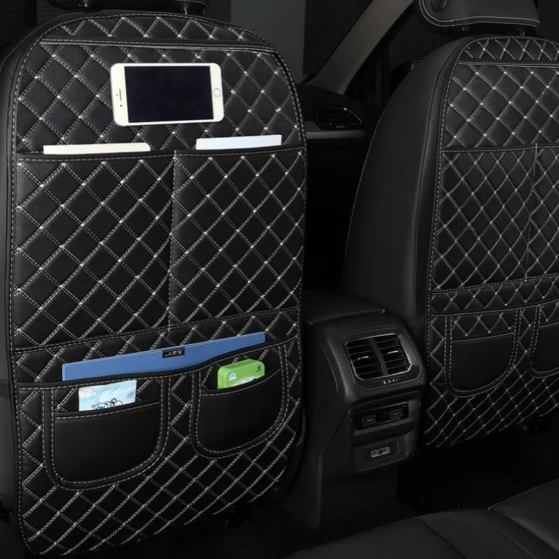 Auto Anti Kicks Pad mit Organizer Tasche Leder Universal Sitz lehne Leder Protector Cover wasserdichte Rücksitz Kinder Kick Matten Image