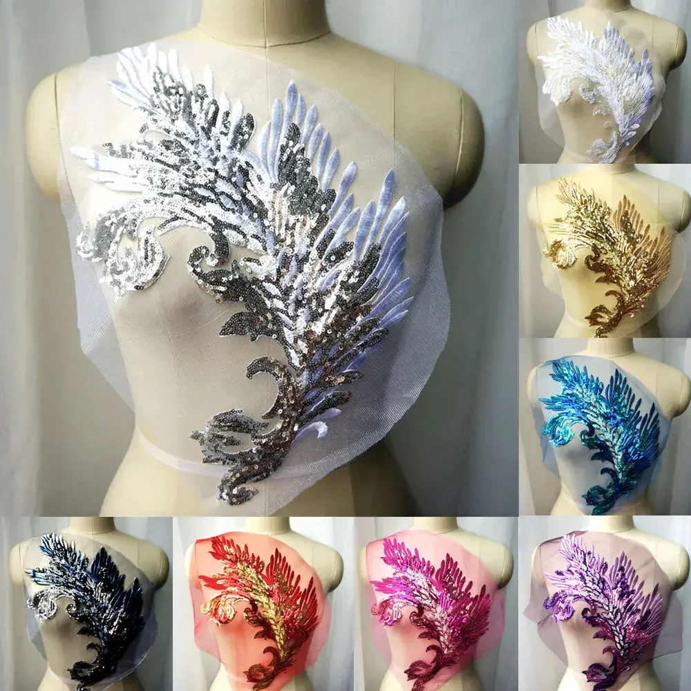 Silber Gold Weiß Blau Pailletten Feder Applikationen Aufnäher Verträumte Spitze Stoff Mesh Stickerei Für Hochzeitskleid DIY Dekoration