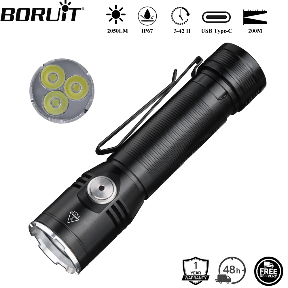 BORUiT ET20 2050LM Superhelle 3 * LED-Taschenlampe Typ C wiederaufladbare 6-Modus-Taschenlampe wasserdichte Notfall-Campinglaterne Image