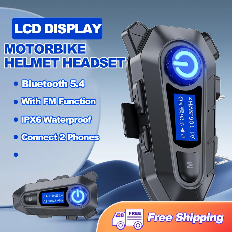 Motorradhelm Bluetooth Headset V5.4 EQ Soundeffekt High-Definition IP67 Wasserdichter LCD-Digitalanzeigebildschirm MP3-Player Image