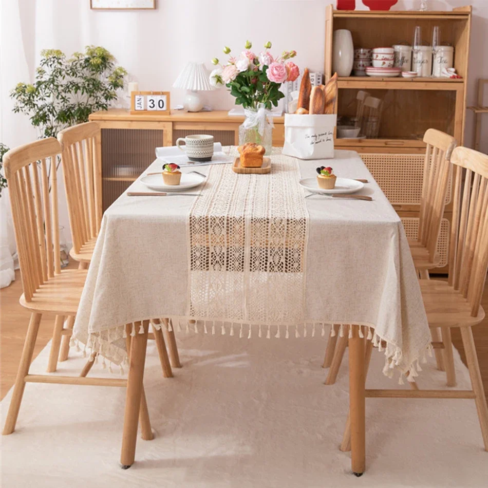 Tischdecke aus Leinenmischung, Splice-Technologie, staubdichte Tischdecke aus Jute-Seilspitze, für Küche, Esszimmer, Party, Teetisch-Dekoration Image