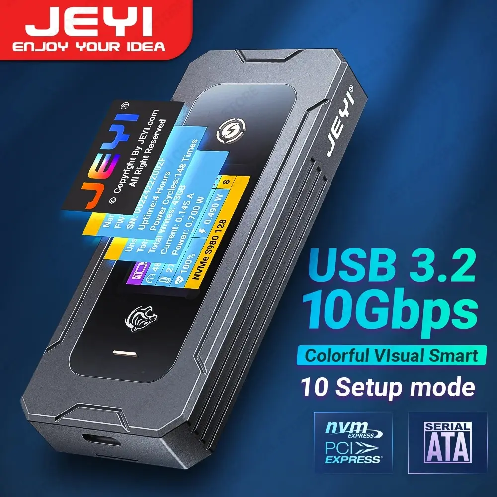 JEYI Visual Smart M.2 NVMe/SATA SSD-Gehäuse, USB 3.2 10 Gbit/s, 10 Set-Modi, Echtzeit-Temperaturunterstützung, M-Key B +M Key UASP Image