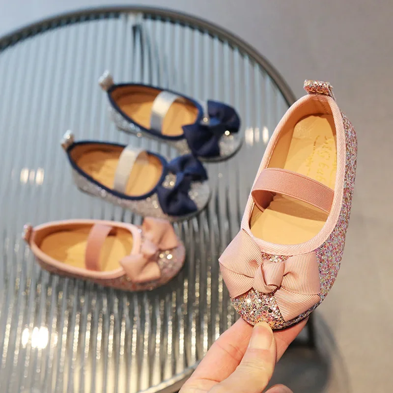 Mädchen Freizeit schuhe Kinder Wohnungen Prinzessin Glitzer Lederschuhe Kinder Fliege Panto letten Pailletten Mode neue Party Balletts chuhe Image