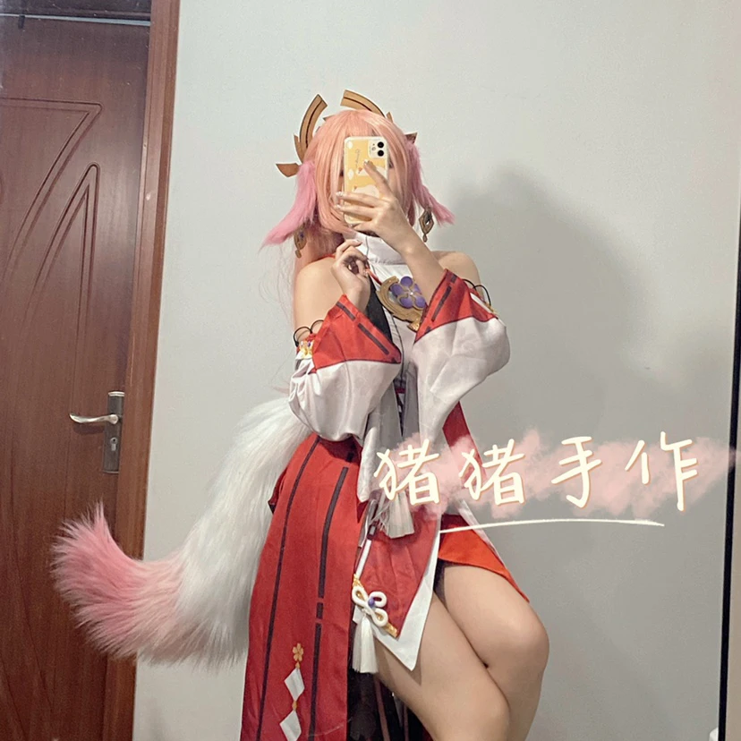 Spiel Auswirkungen yae miko Kopf bedeckung Ohr weiß rosa Fuchs Schwanz Ohr baumeln Ohrringe Cosplay Prop Halloween Event Bühne Performance Requisite Image