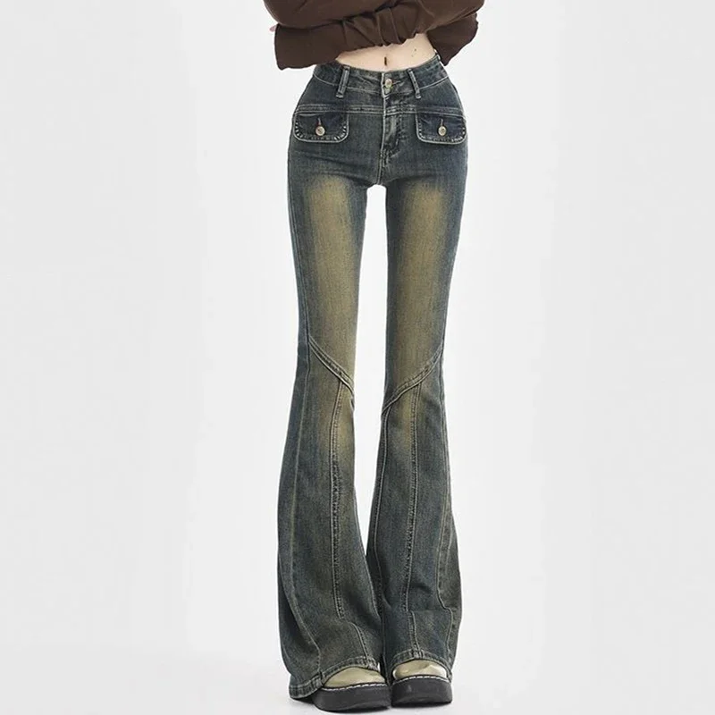 Frau Hohe Taille Elastische Gespleißt Breite Bein Jeans Weibliche Vintage Slim Fit Flare Hosen Dame Blau Schwarz Grau Denim Hosen Große Größe