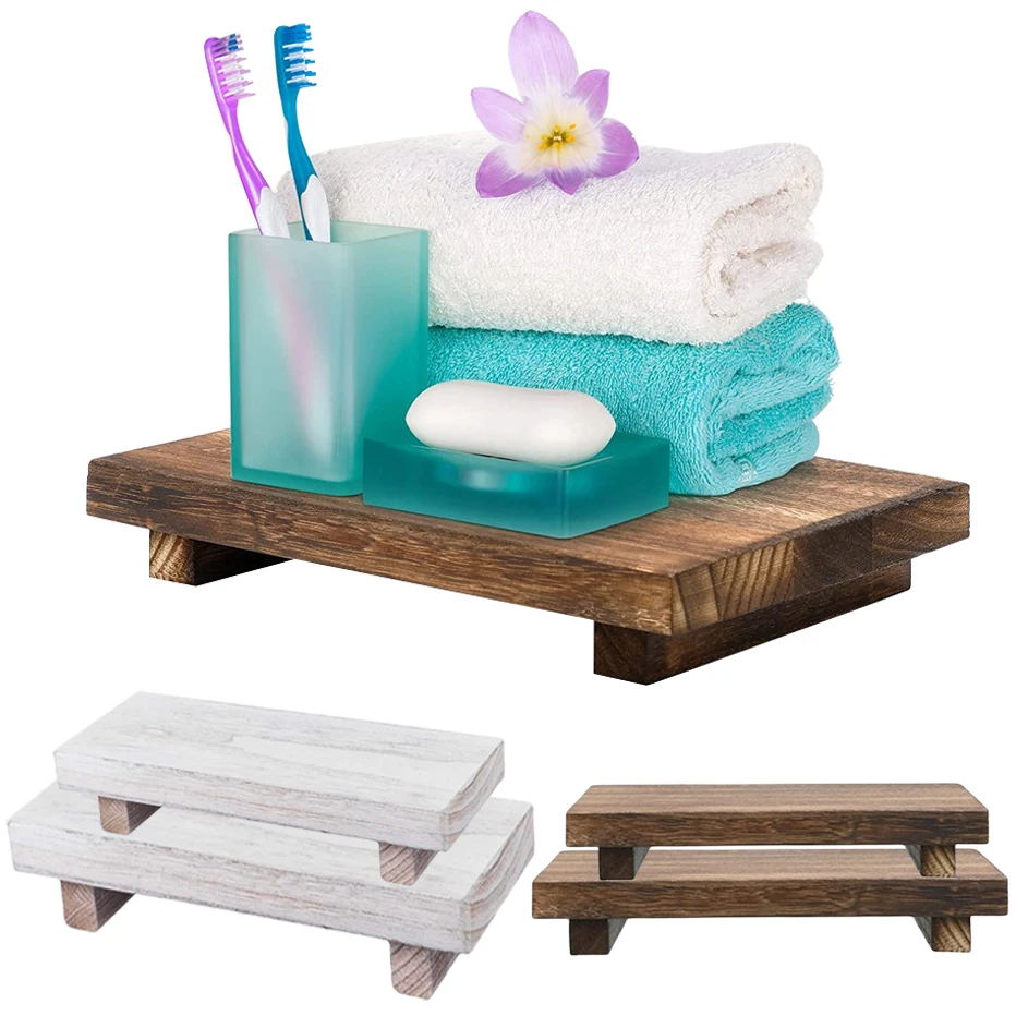 Holz sockel Seifenst änder Bad Küche Arbeits platte Caddy Tablett Bauernhaus Holz Riser Seifens chale Bürste Kerze Pflanzen halter