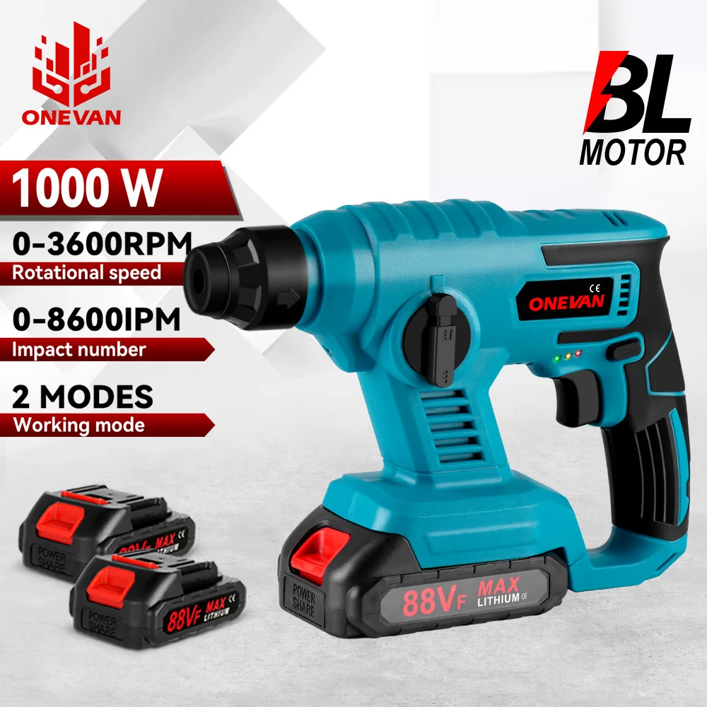 ONEVAN 1000 W elektrischer Bohrhammer, wiederaufladbar, 8600 IPM, elektrischer Bohrhammer mit 2 Akkus für Makita 18 V Akku-Stift Image
