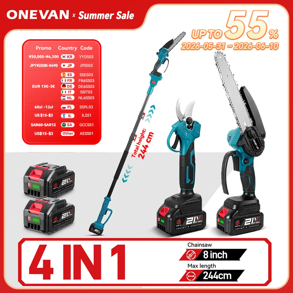 ONEVAN 4-in-1 Bürstenlose Teleskop-Elektrokettensäge mit Schere für hohe Äste, Gartenschneidewerkzeug, kompatibel mit Makita 18V Akku Image