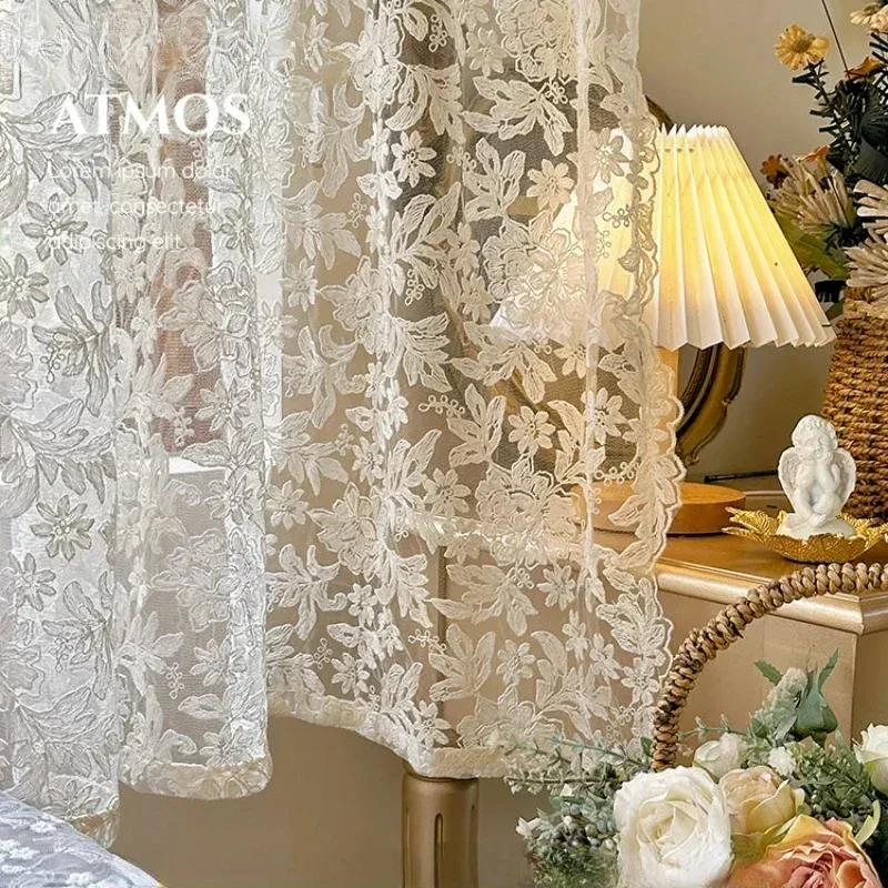 Französisch Stickerei Vorhänge Spitze Gaze für Wohnzimmer Schlafzimmer Creme Retro gewellten Rand Erker Mädchen Vorhang Tür weißen Tüll Image