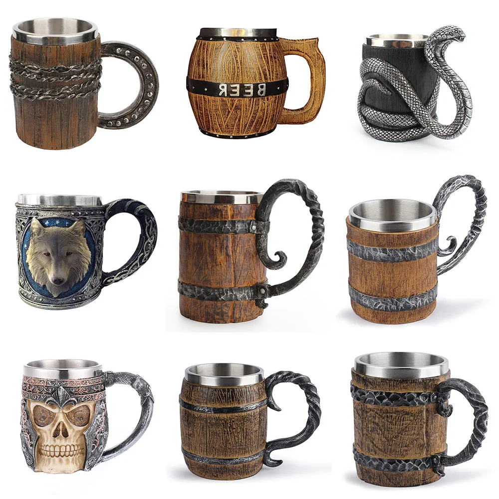 Viking Holz Stil Bier Becher Simulation Holz Barrel Bier Tasse Doppel Wand Trinken Becher Metall Isolierte 1PCS Bar Trinken spiel