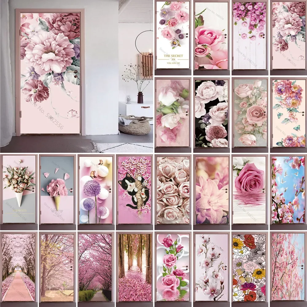 Rosa Blumen 3D Tür Aufkleber Selbst Klebe PVC Poster für Ganze Tür Abdeckung Aufkleber Wohnung Hause Tür Kühlschrank Kunst Wandbild decor Image