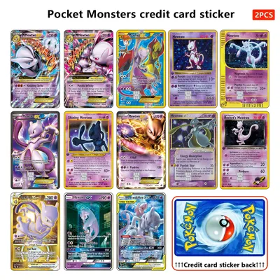 2PCS PTCG Credit card stickers Pocket Monsters Mewtwo card For Bus card Bank card Debit card Boy