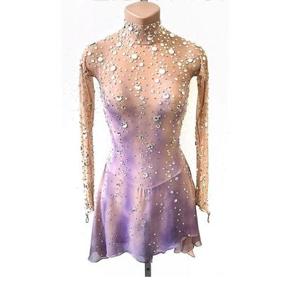 Figure Skating Dress Women's Ice Skating Skirt Dress Purple Thumbhole Open Back Spandex High Elasticity Professional Competition Skating Wear Thermal Warm Classic Crystal / Rhinestone Long Sleeve Ice