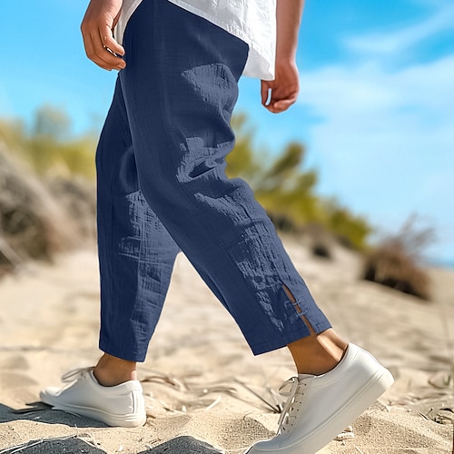 Herren Leinenhosen Sommerhose Abgeschnittene Hose Strandhose Kordelzug Elastischer Bund Einfach Komfort Atmungsaktiv Wadenlang Lässig Täglich Ferien Mode Klassicher Stil Schwarz Weiß Image