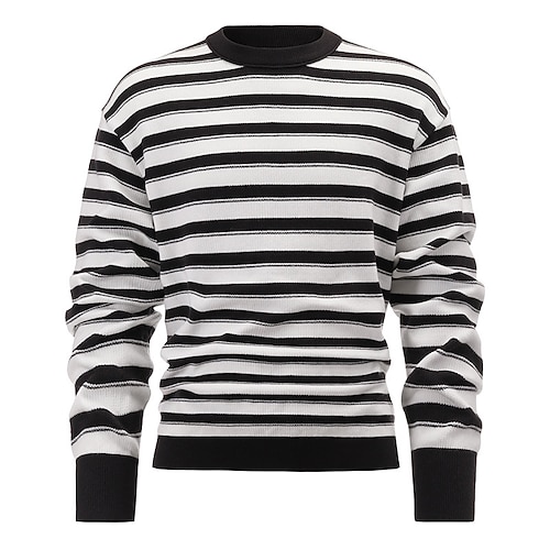 Herren Pullover Strickpullover Gerippt Stricken Standard Strick Streifen Rundhalsausschnitt Modisch Basic Freizeitskleidung Verabredung Bekleidung Herbst Winter Schwarz Grün M L XL Image