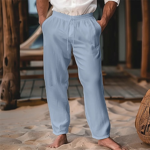 Herren Leinenhosen Hose Sommerhose Kordelzug Elastischer Bund Einfach Komfort Weich Volle Länge Party Täglich Strand Mode Einfach Schwarz Weiß Mikroelastisch Image