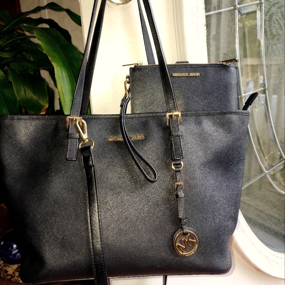 Michael Kors Bags | 2pc Set. Euc. Mk Black Tote & Matching Double Zip Wallet/Wristlet. | Color: Black/Gold | Size: Os