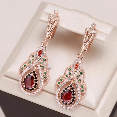 TEMU 1pair Golden Color Teardrop Drop Earrings For Women Crystal Flower Red Zircon Earrings For Women Vintage Boho Jewelry