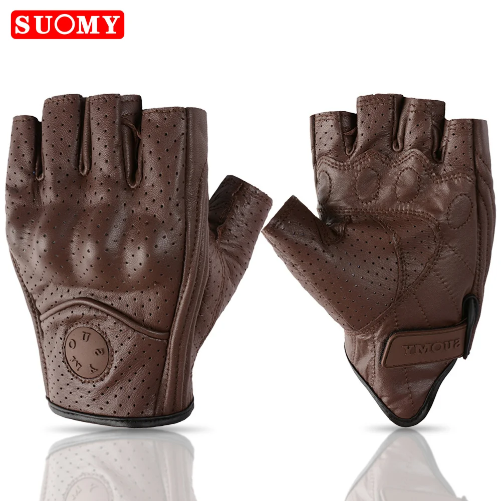 Fingerlose Motorrad-Lederhandschuhe, Schutz, Retro, Sommer, Motocross-Handschuhe, Biker, Motorradfahrer, Radfahren, halbe Handschuhe, Braun, Schwarz Image