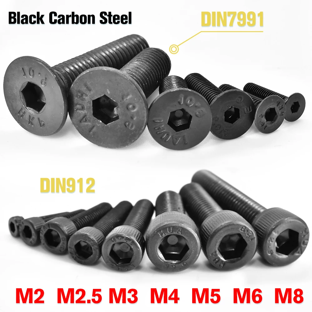 5–100 Stück DIN912 Grade12.9 Innensechskantschraube M2 M2,5 M3 M4 M5 M6 M8 DIN7991 schwarzer Stahl 10,9 Innensechskant-Senkkopfschraube Image