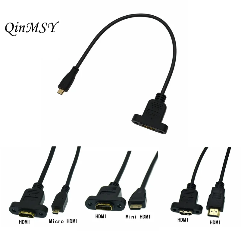 30 cm Micro- und Mini-HDMI-kompatibler Stecker auf HDMI-Micro-HDMI-Buchse, Verlängerungsstecker, Schraubverschluss, Panelmontage, HD-AV-Kamerakabel Image