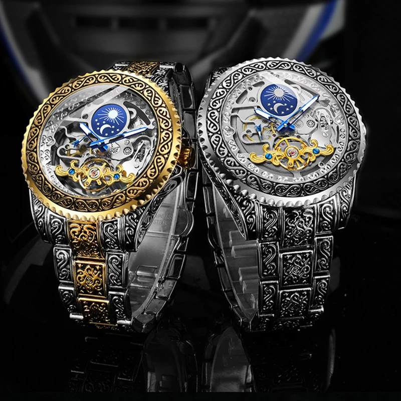 Forsining Luxus transparentes Skelett automatische mechanische Armbanduhr Edelstahl Mondphase Uhr Herren uhr reloj hombre Image