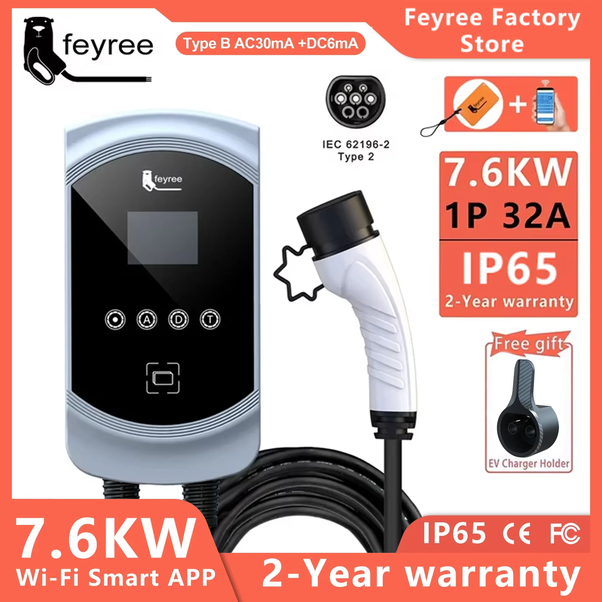 Feyree ev ladegerät 32a 7,6 kw typ2 seilbahn ladegerät evse wallbox 11kw 22kw 3phase IEC62196-2 steckdose app steuerung für elektroauto Image