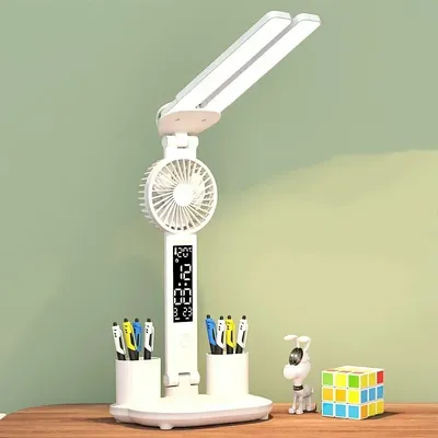 Table Lamp with Fan for Student Studying LED Desk Lamp with Pen Holder Multifunctional Touch Night Light Rechargeable