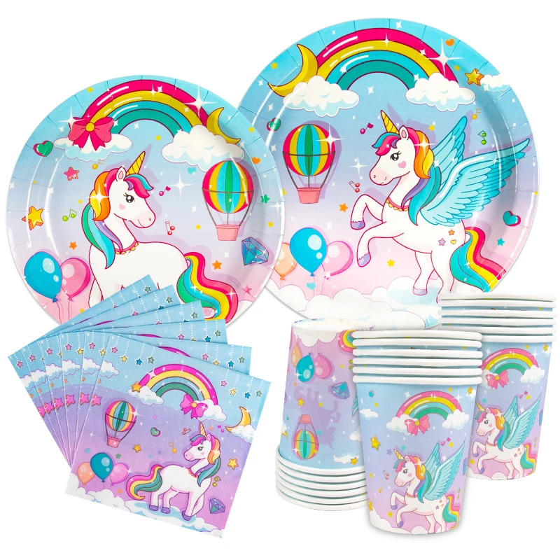Regenbogen Einhorn Thema Party Einweggeschirr Set Pappteller Tasse Servietten Mädchen Geburtstag Einhorn Thema Party Dekorationen Image