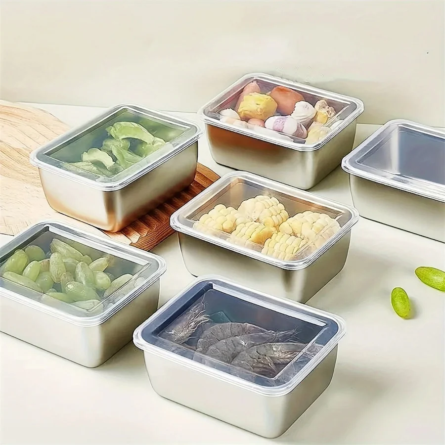 Boîte de conservation des aliments en acier inoxydable, boîte de conservation des aliments frais avec couvercle, plat de fruits rectangulaire pour nouilles à saucisses avec couvercle, 1/3/5 pièces