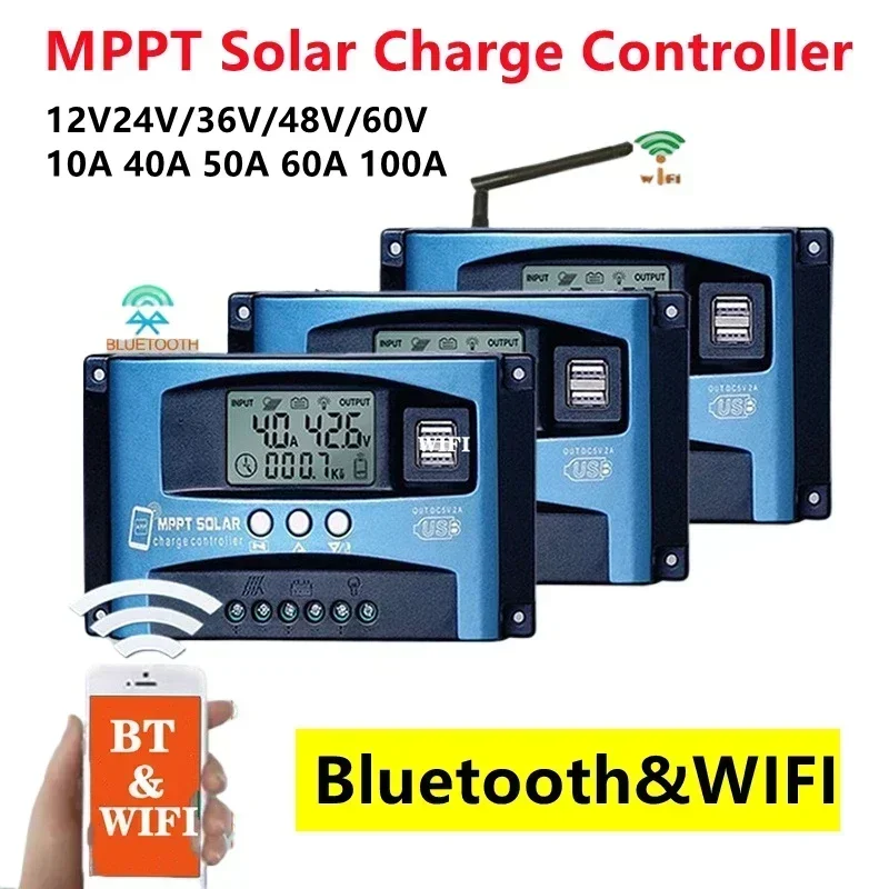 Bluetooth & WIFI MPPT Solar Laderegler 30A -100A Dual USB LCD Display 12V 24V Solarzelle Panel Ladegerät Regler mit Last Image