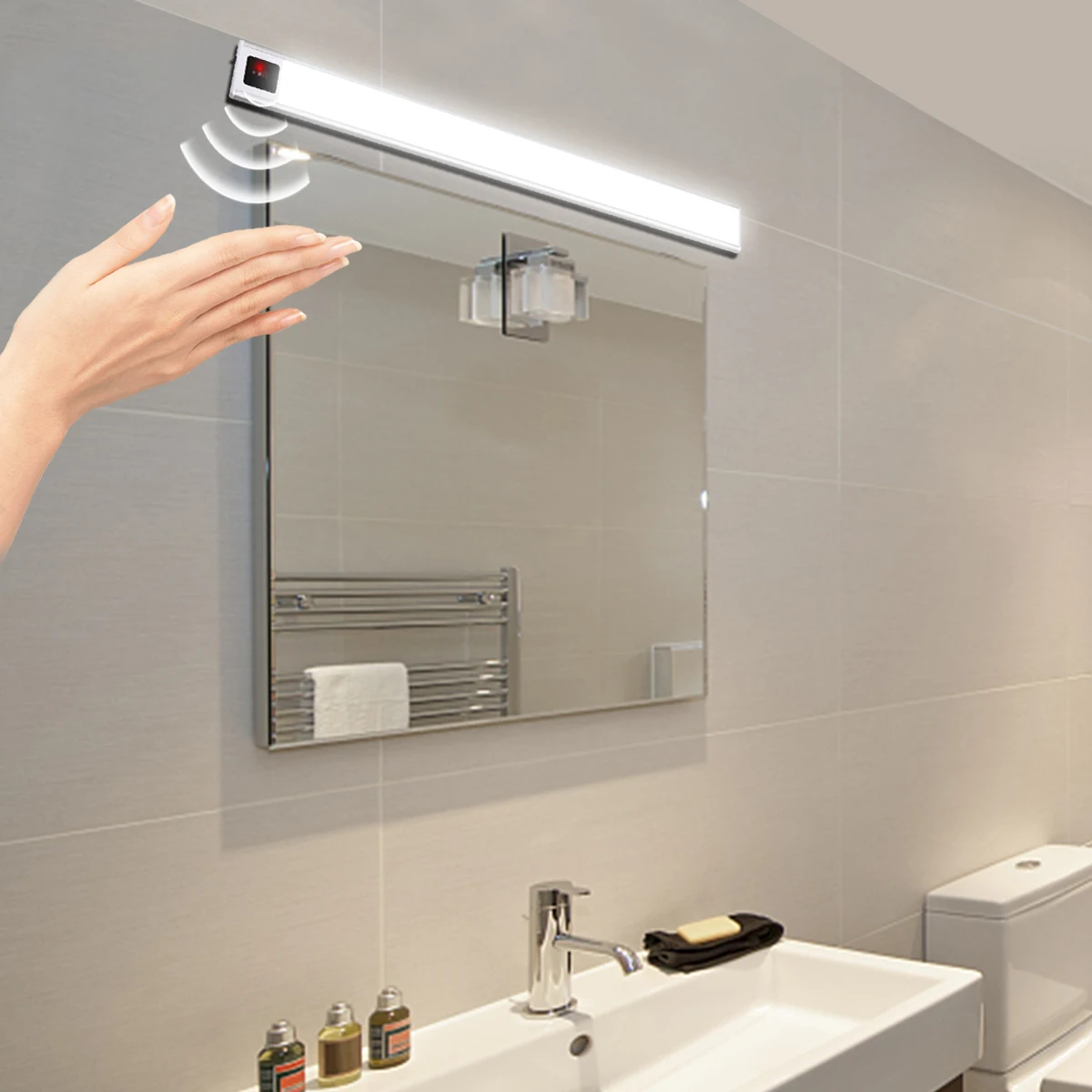 Wandlampen für den Innenbereich, LED-Beleuchtung, Bar, Handfegen, Bewegungsmelder, Licht für Badezimmer, Küche, Schrank, 5 V, wiederaufladbares USB-Spiegelleuchte