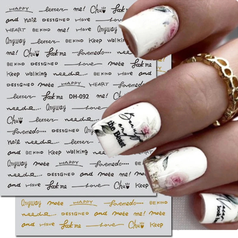 Decalcomanie per nail art 3D Nero Oro Argento Bianco Inglese ABC Lettere Parole Cursori adesivi Adesivi per unghie Decorazione per manicure per unghie